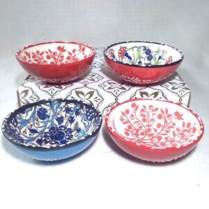 Nakkas Cini Hand-Painted Turkish Floral Ceramic 4.5"x 1.75" Bowls 4 Pack New Box